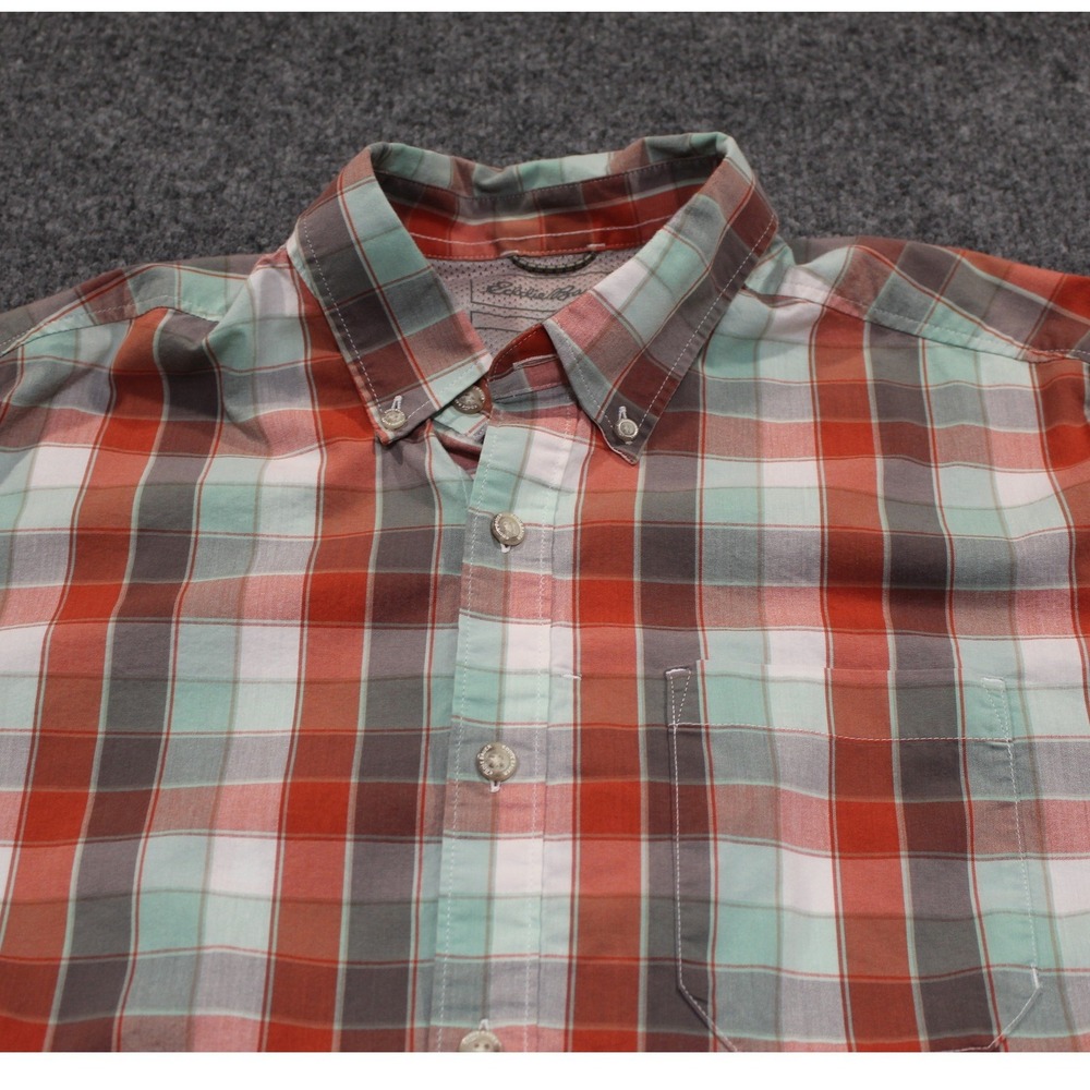 Eddie Bauer Mens Large Classic Fit Plaid Short Sleeve Button Down Shirt‎ Orange